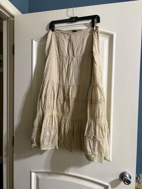Mlle Gabrielle Cream Tiered Maxi Skirt with Crochet Trim